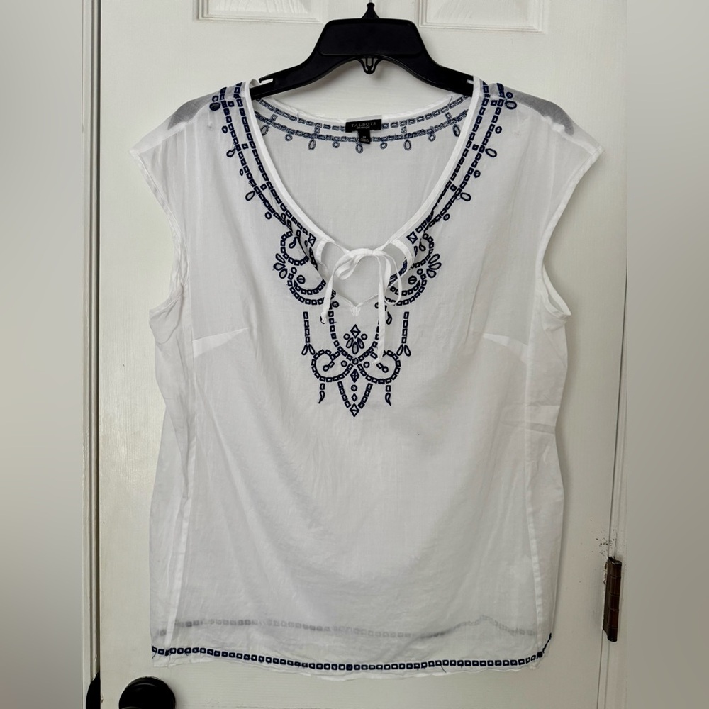 Talbots White Blouse with Blue Embroidery